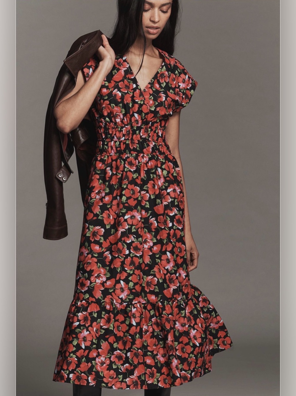 Anthropologie Maeve Cap-Sleeve V-Neck Smocked Midi Dress NWT